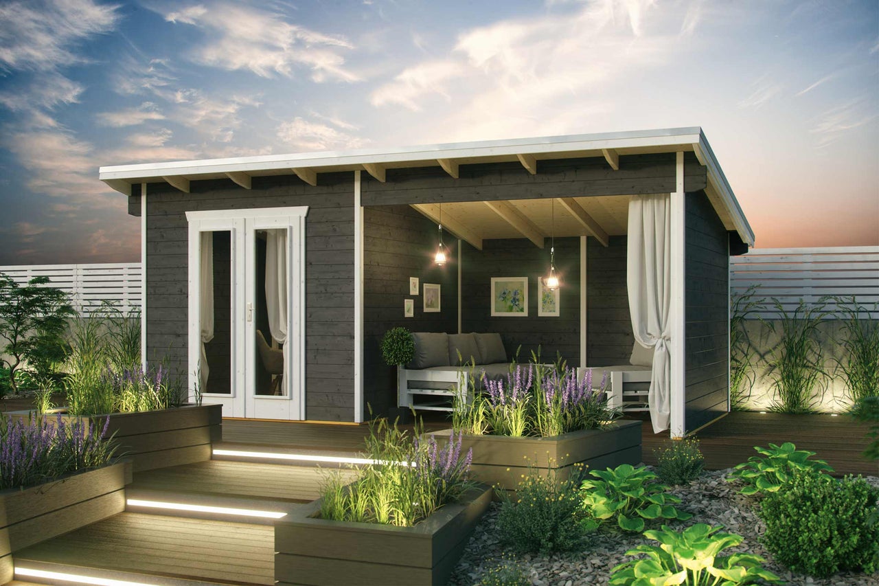 Abri de jardin avec terrasse, coin lounge et plantations