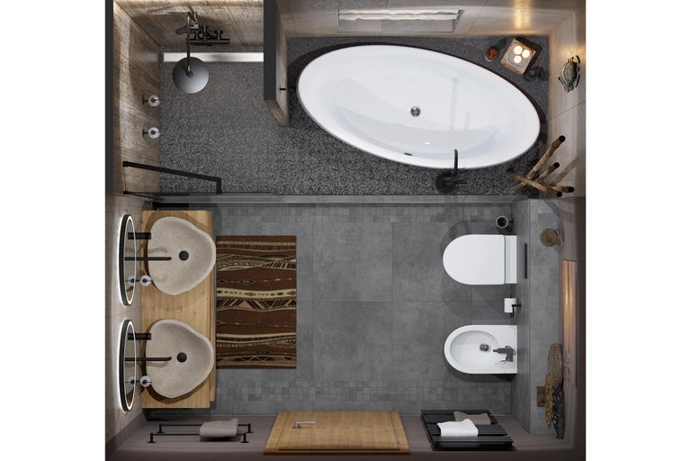 Ansicht von oben eines Badezimmers mit Badewanne, Dusche, zwei Waschbecken, Toilette und Bidet