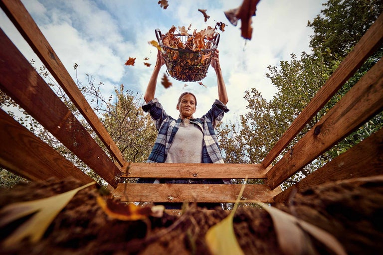 Une femme vide un panier de feuilles dans un composteur en bois.