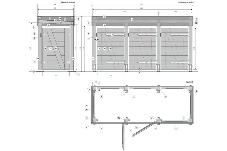 Dessin technique d'une remise de jardin avec vue latérale, vue de face et vue de dessus avec cotation