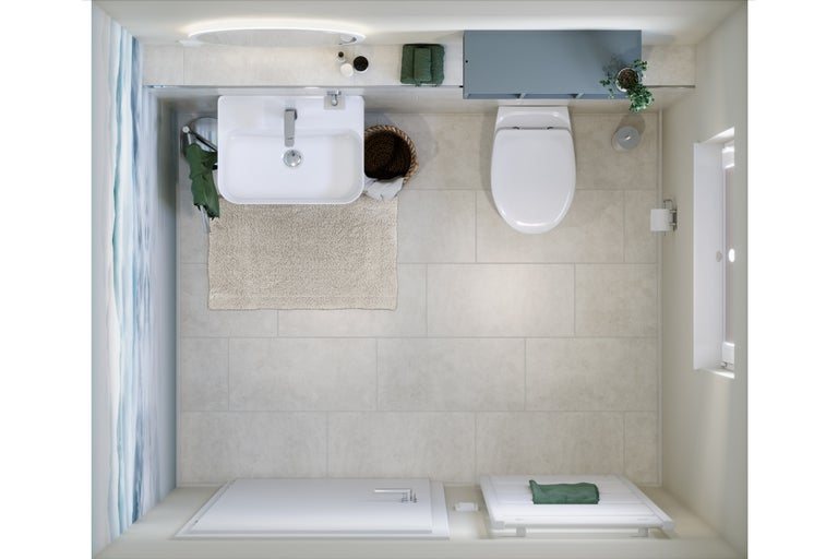 Badezimmeransicht von oben mit Waschbecken, Toilette, Dusche und Badmöbeln