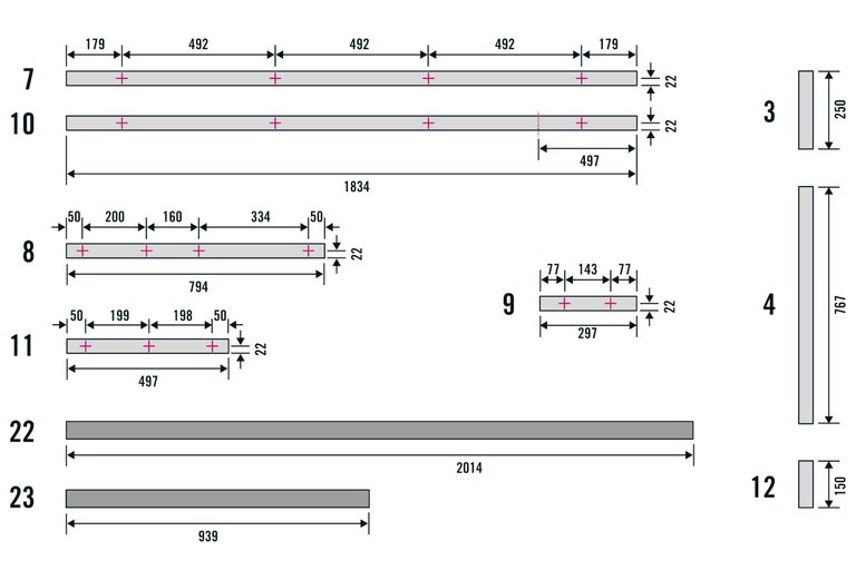 Technische Zeichnung mit Maßangaben für verschiedene Holzbauteile