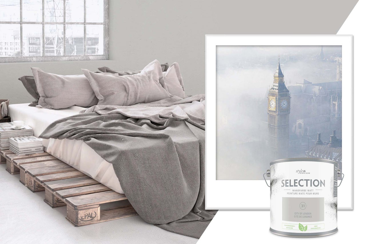 Chambre claire avec lit en palettes et pot de peinture Style Color Selection peinture murale City of London