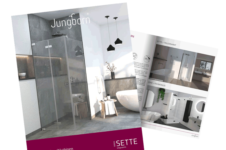 Jungborn Katalog mit Duschkabinen der Serien Sette und Zero
