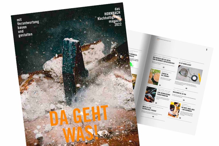 Page de titre du magazine Hornbach sur le développement durable 2022 à côté d'une page ouverte avec des articles sur la protection de l'environnement, l'économie circulaire et la technologie
