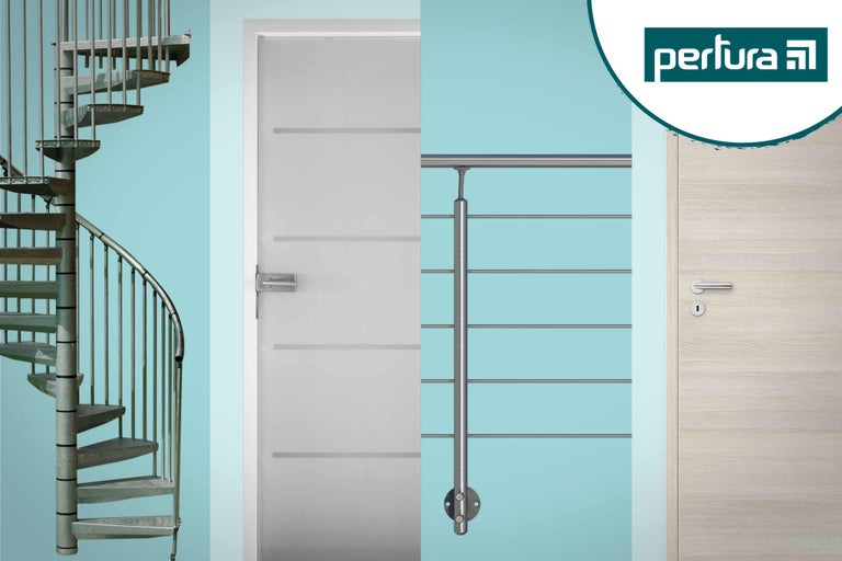 Image de produit avec escalier en colimaçon, porte intérieure, rampe et logo Pertura