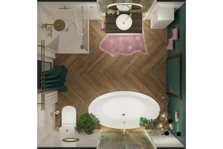 Vue de dessus d'une salle de bains avec douche, lavabo, baignoire et toilettes