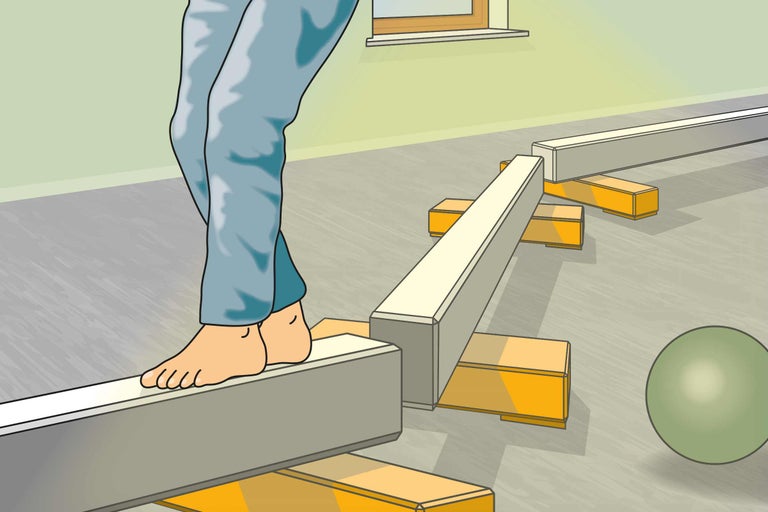 Illustration d'une personne qui marche pieds nus en équilibre sur une poutre en bois