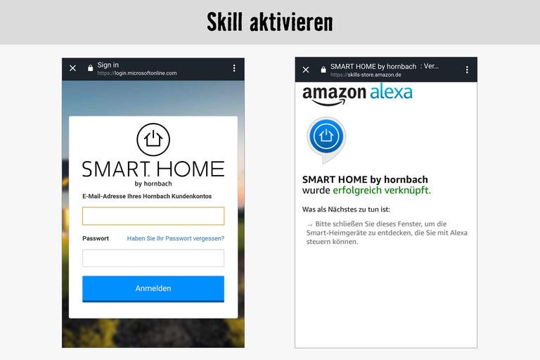 Activation de la Skill Smart Home Hornbach avec écran de connexion et message de succès pour Amazon Alexa
