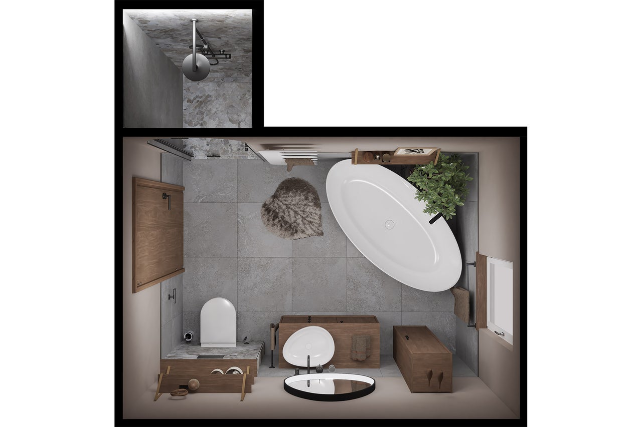 Vue de dessus d'une salle de bains moderne avec douche, baignoire ovale, meuble sous vasque en bois, toilettes et carrelage gris aspect pierre.