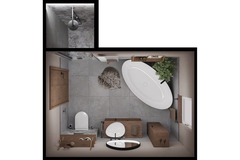 Vue de dessus d'une salle de bains moderne avec douche, baignoire ovale, meuble sous vasque en bois, toilettes et carrelage gris aspect pierre.