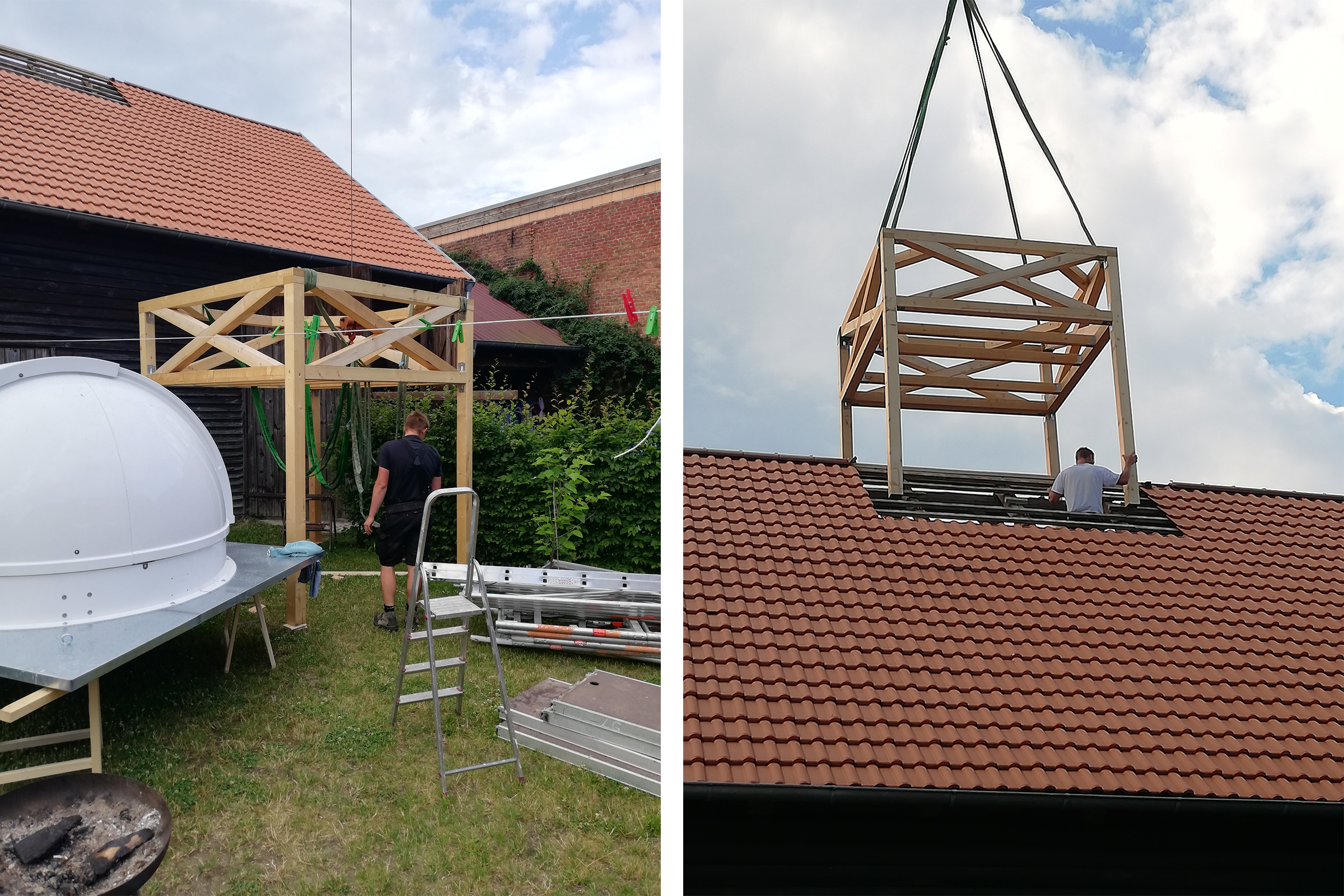 Construction d'une structure de toit en bois avec coupole sur un toit de maison