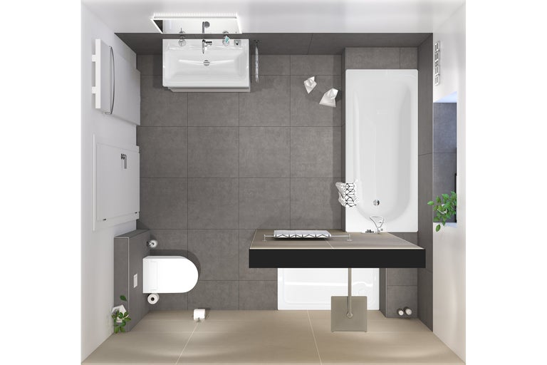 Vue aérienne d'une salle de bains avec baignoire, lavabo, toilettes et carrelage