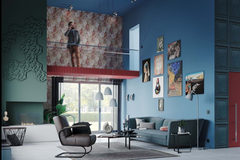 Salon avec canapé, fauteuil, table basse et œuvres d'art aux murs