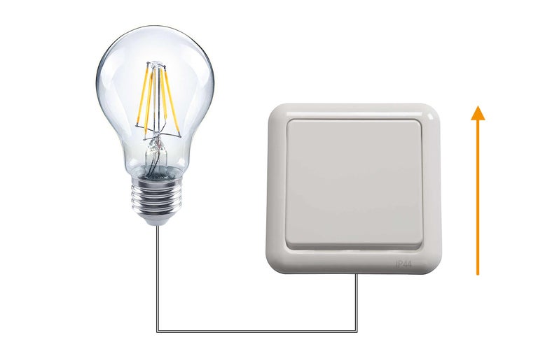 Représentation symbolique d'un interrupteur avec indice de protection IP44, relié à une ampoule