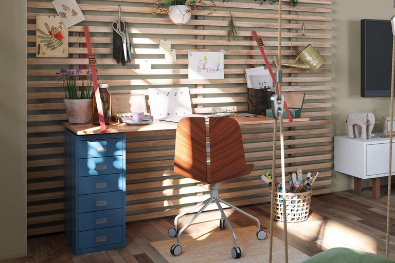 Bureau à domicile décoratif avec bureau en bois, chaise de bureau, classeur et organiseur mural