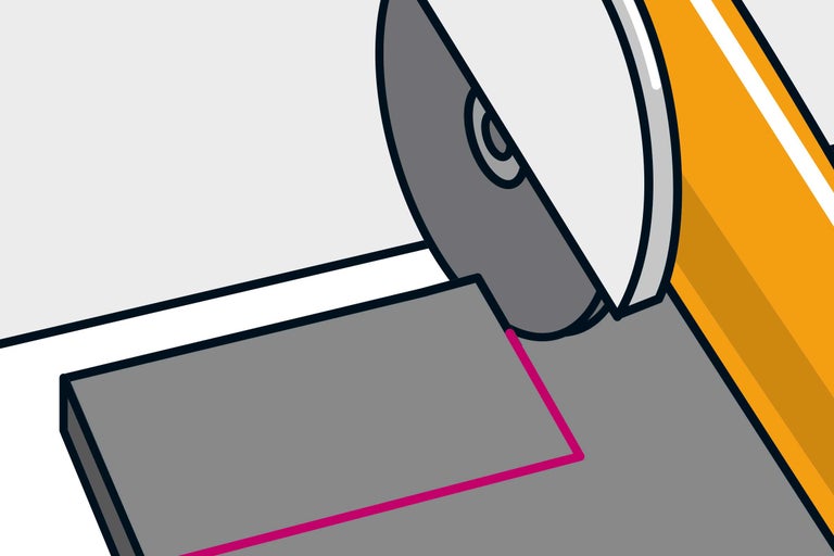 Illustration einer Trennscheibe beim Schneiden eines Werkstücks.
