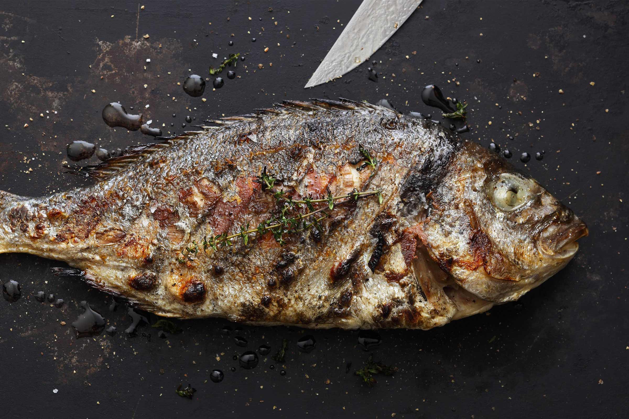 Gegrillter Fisch mit Kräutern und Messer auf dunklem Untergrund