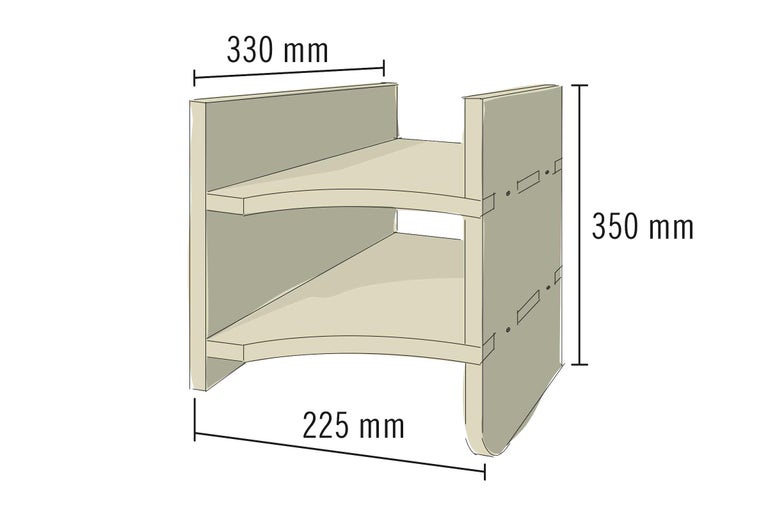 Illustration d'une étagère mesurant 330 mm de large, 350 mm de haut et 225 mm de profondeur.