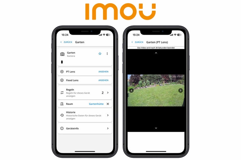 Logo Imou, deux smartphones avec l'application Imou ouverte. Le smartphone de gauche affiche le menu de la caméra de jardin, le smartphone de droite affiche la vue en direct de la caméra.