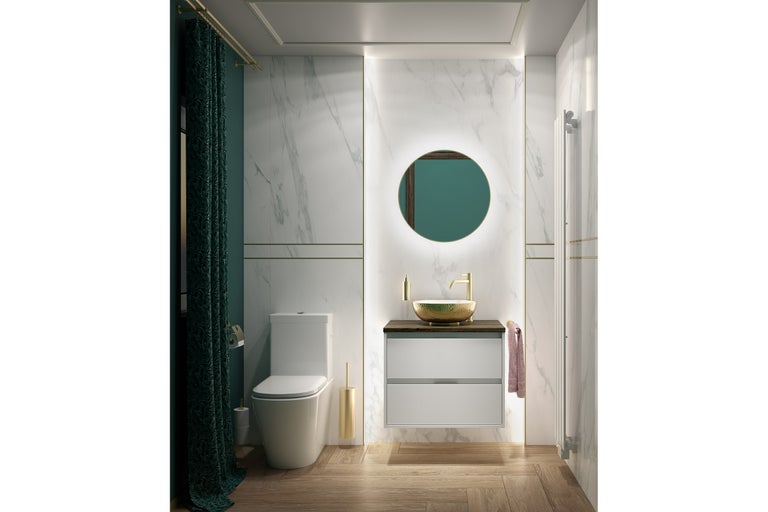 Modernes Badezimmer mit Toilette, Waschbeckenunterschrank, Spiegel und Dekoration