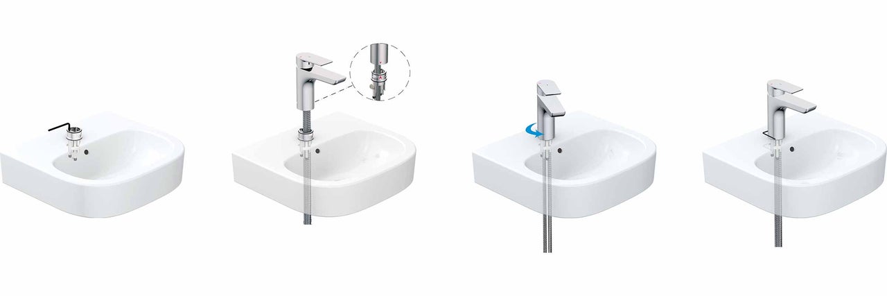Instructions de montage d'un lavabo avec robinet en quatre étapes