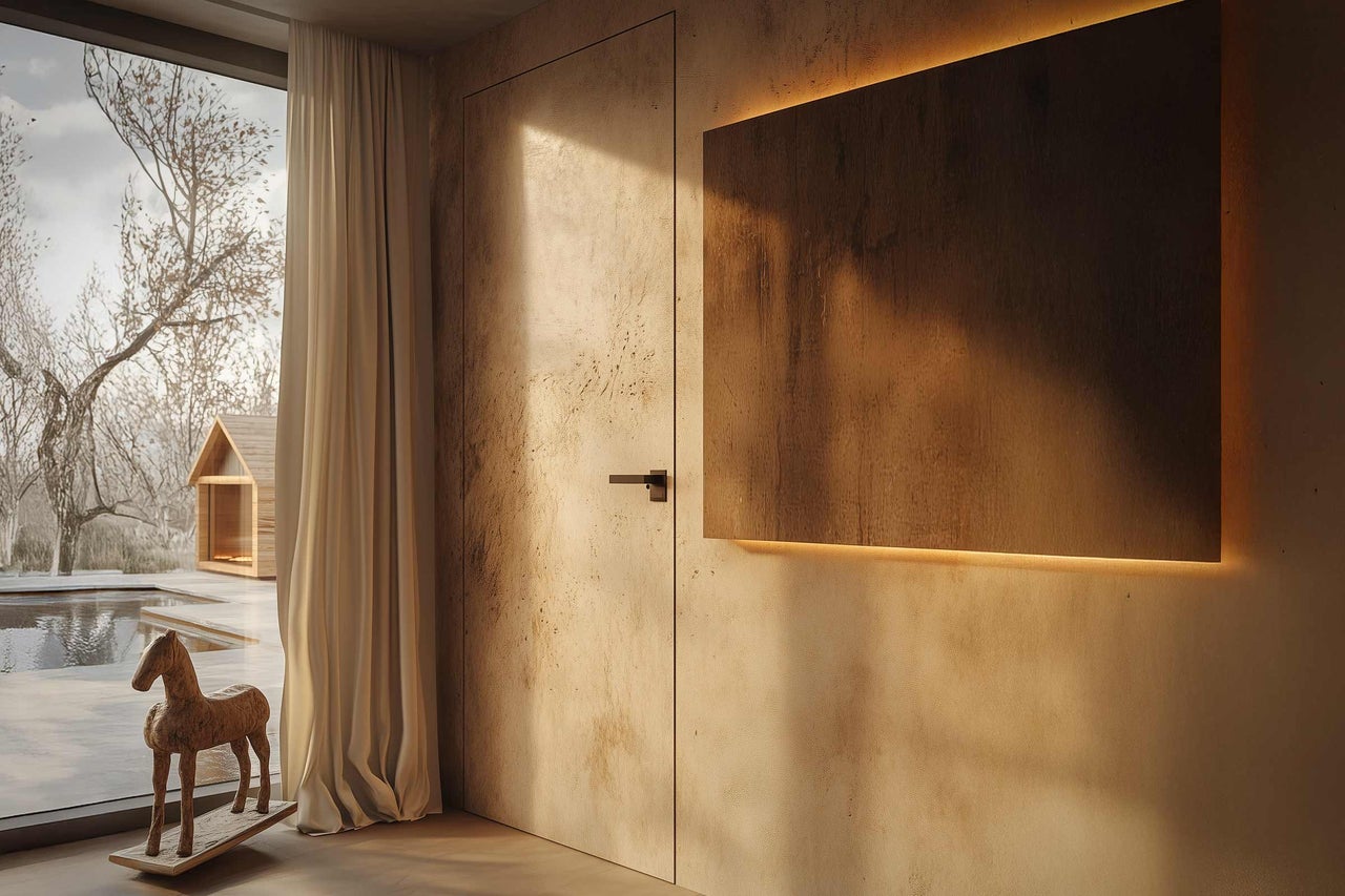 Innenraum mit Tür, Holzdekoration mit Beleuchtung und Fenster mit Blick auf ein Gebäude im Außenbereich