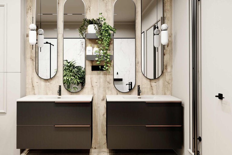 Salle de bains moderne avec deux meubles sous-lavabos, des miroirs et des éléments décoratifs