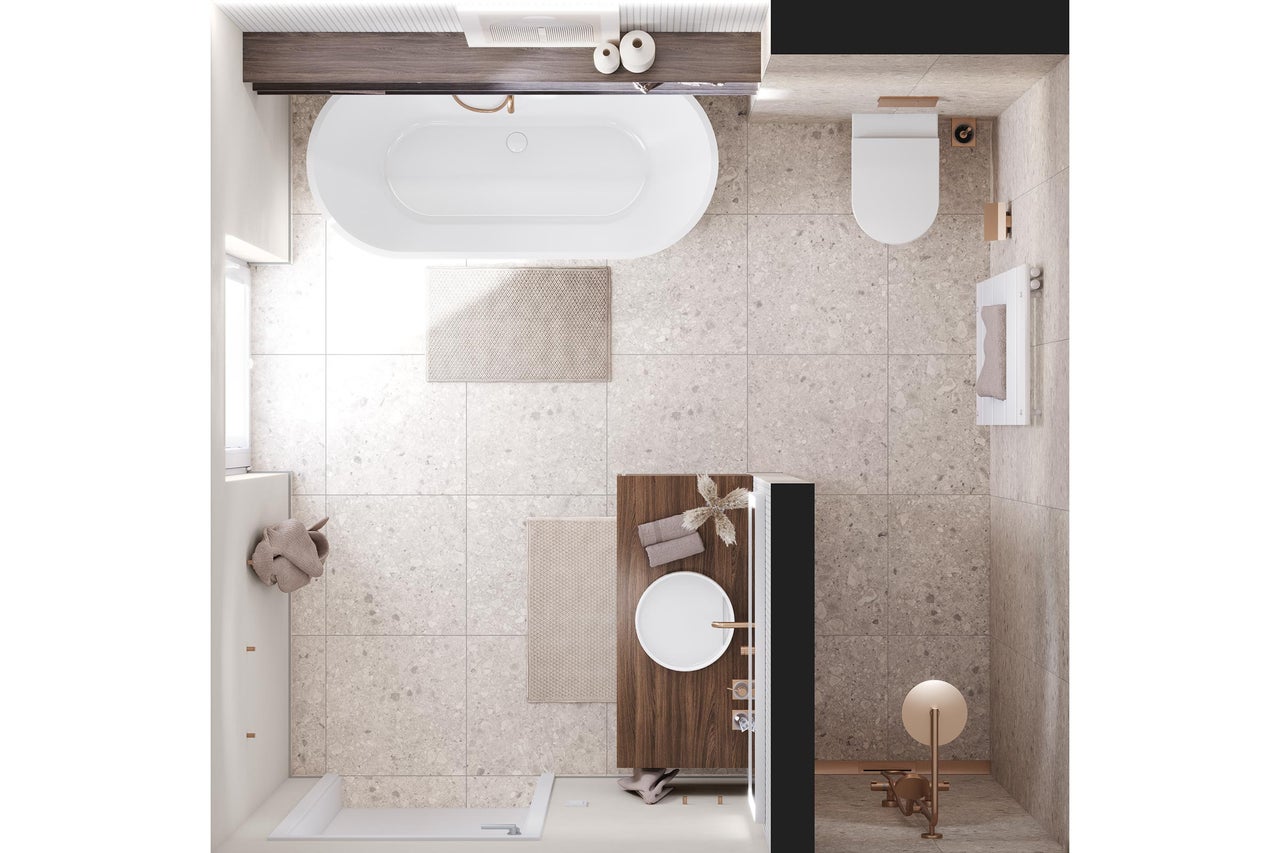 Vue de dessus d'une salle de bains moderne avec baignoire en îlot, vasque sur console en bois, WC suspendu et douche à l'italienne.