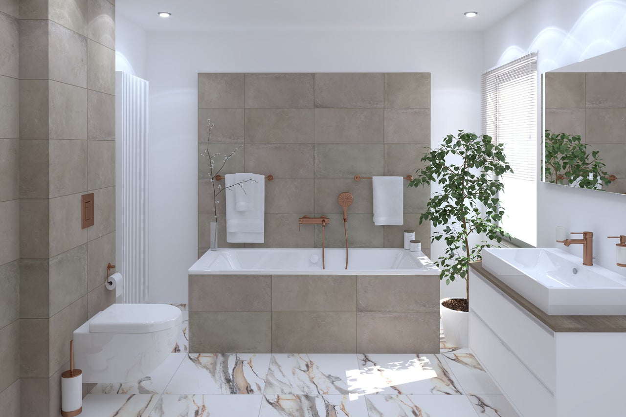 Salle de bains moderne avec baignoire, lavabo et carrelage dans les tons terre