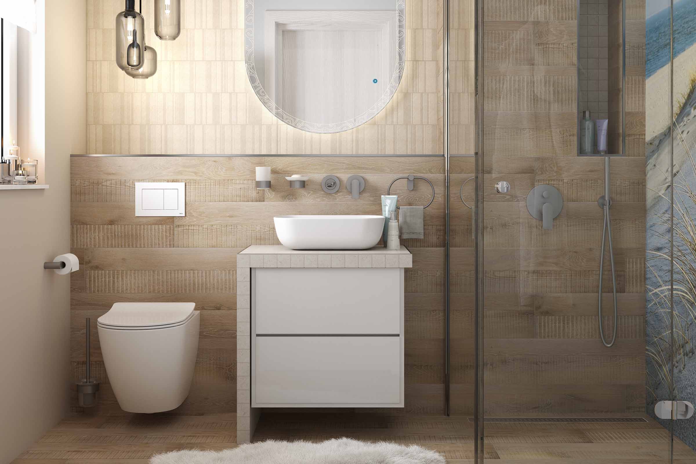 Badezimmer mit Toilette, Waschtisch, Spiegel und Dusche in hellem Holzdesign