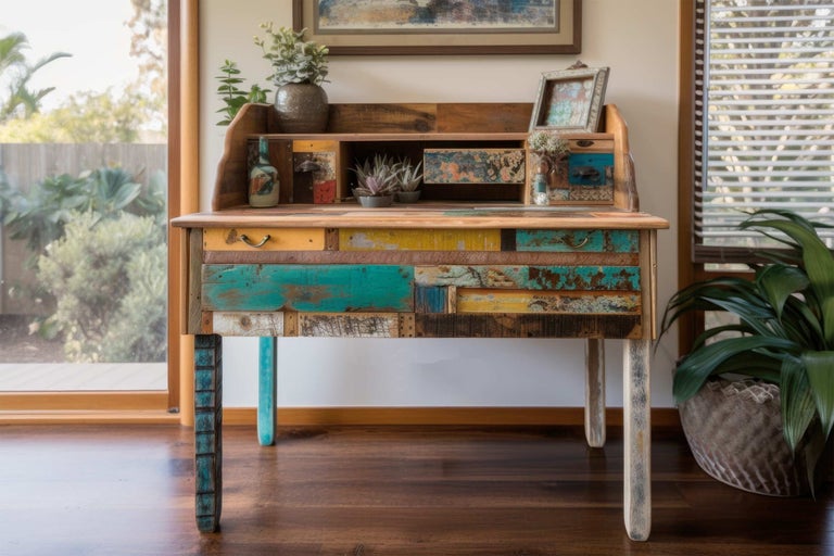 Bureau en bois avec tiroirs de style vintage
