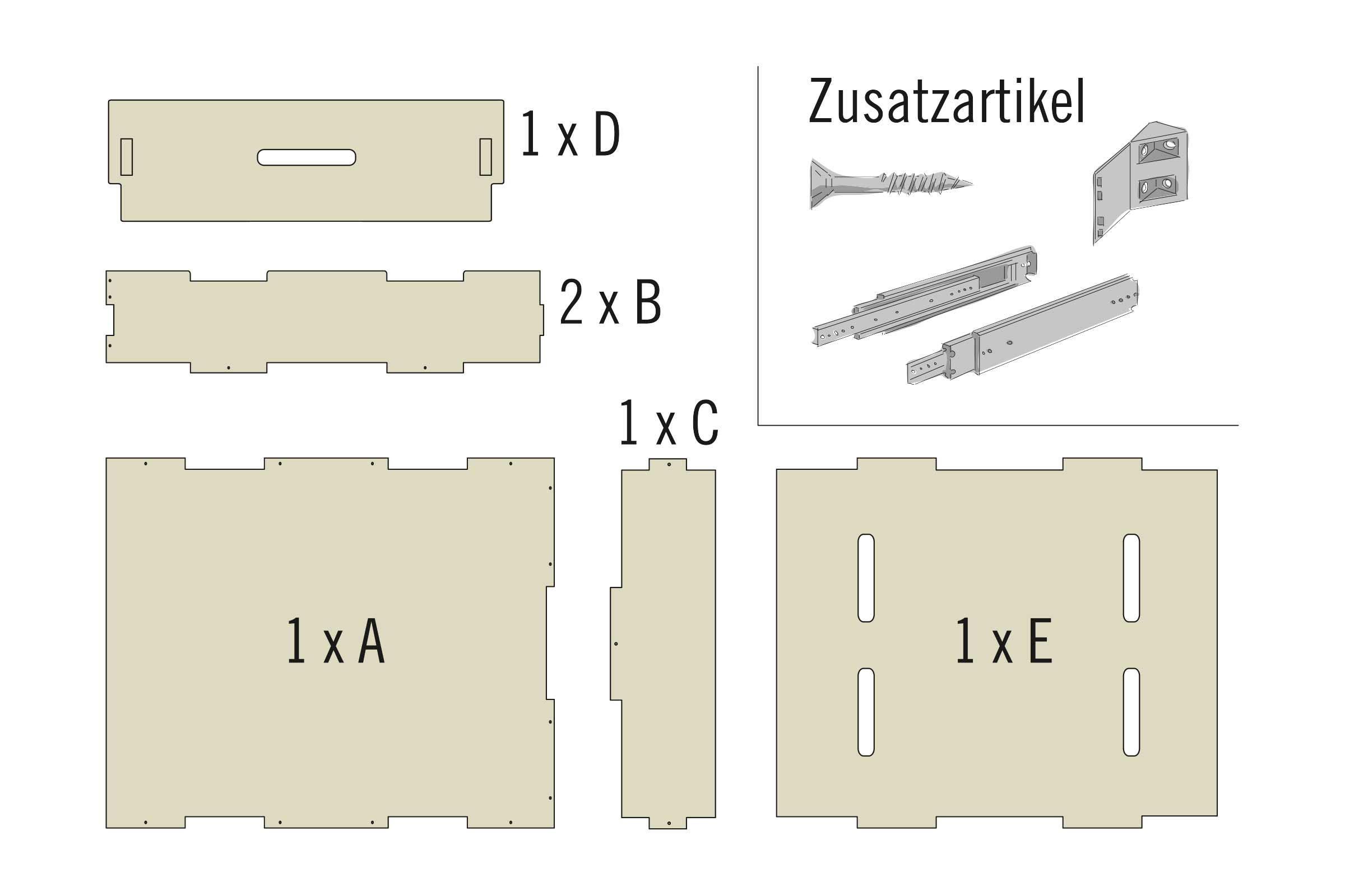 Illustration des composants A, B, C, D et E ainsi que des accessoires tels que les vis et les coulisses de tiroir