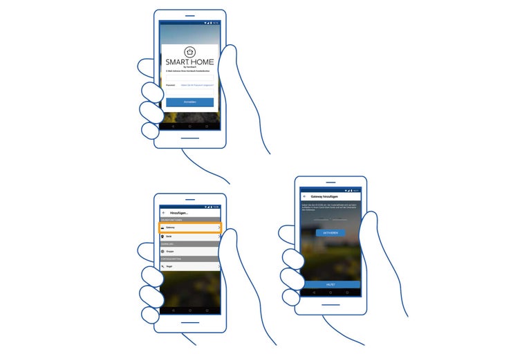 Abbildung von Smartphone-Screenshots der Hornbach Smart Home App
