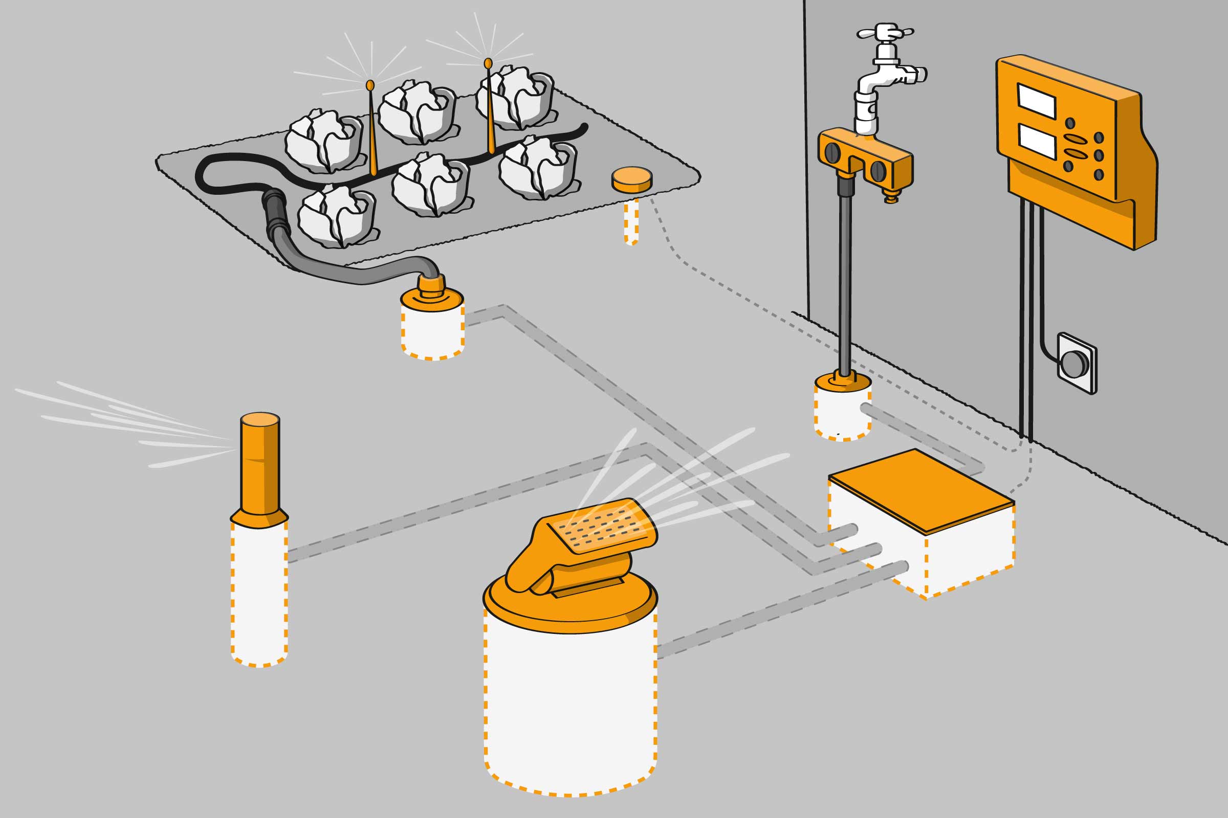 Illustration d'un système d'irrigation pour plantes avec arroseurs et commande