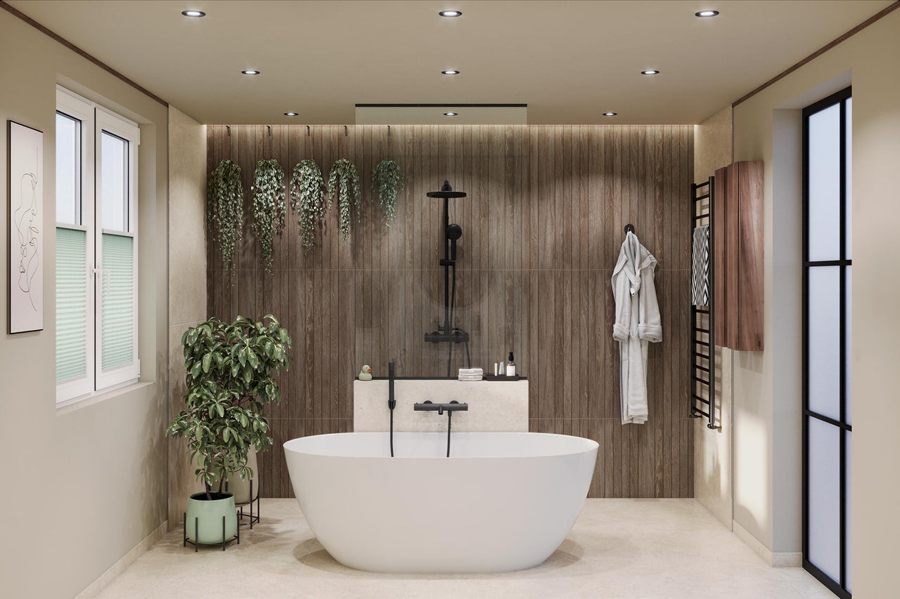 Salle de bain moderne avec baignoire îlot, douche et habillage mural en bois