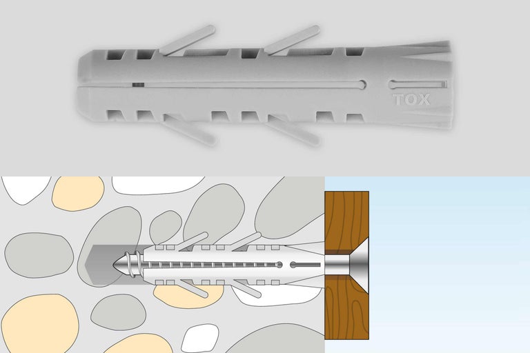 TOX Dübel mit Schraube und Anwendungsbeispiel