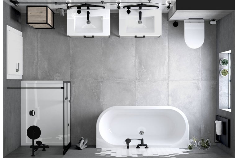 Badezimmer mit Dusche, Badewanne, Toilette und Waschbecken von oben