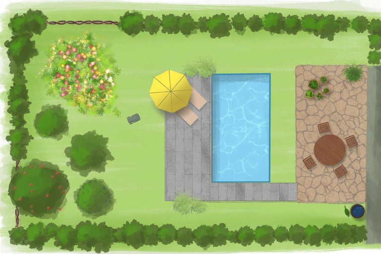 Vue de dessus d'un aménagement de jardin avec piscine, terrasse, mobilier de jardin et plantations