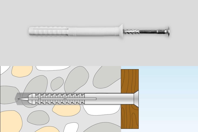 Nylonrahmendübel mit Schraube und schematischer Darstellung der Montage im Mauerwerk