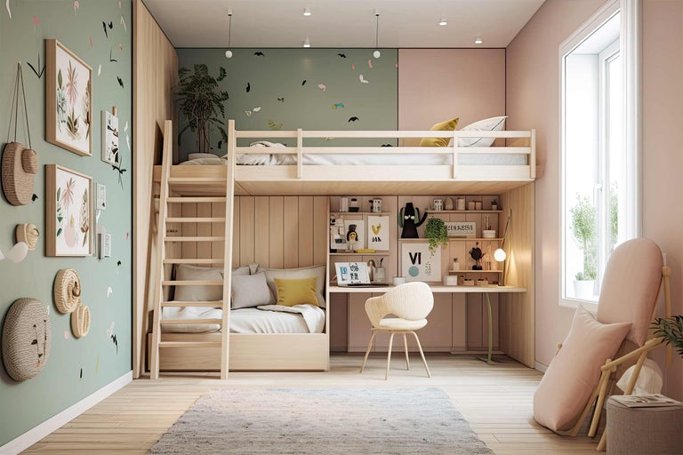 Kinderzimmer mit Hochbett, Schreibtisch und Sitzgelegenheiten in hellem Design