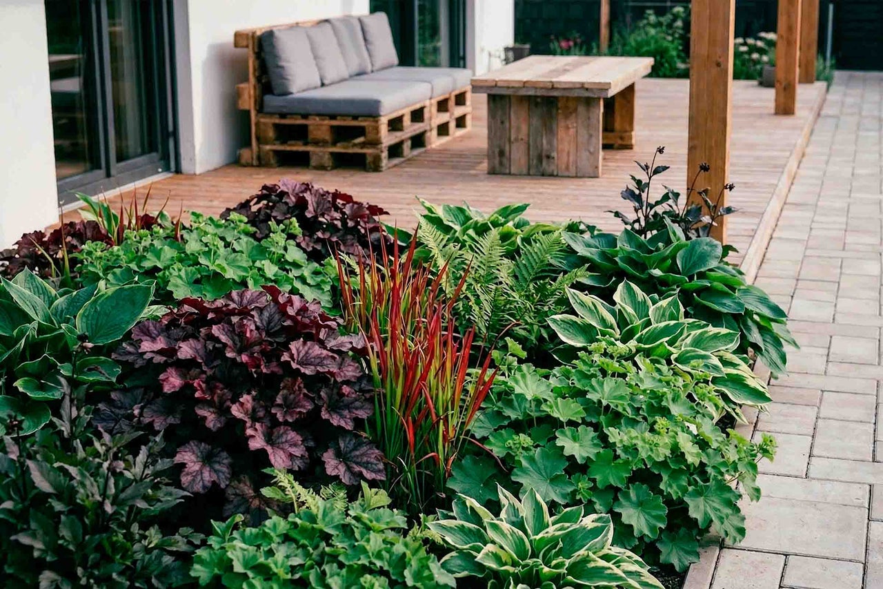 Parterre de jardin avec heuchères et hostas devant une terrasse en bois avec canapé en palettes et table en bois.