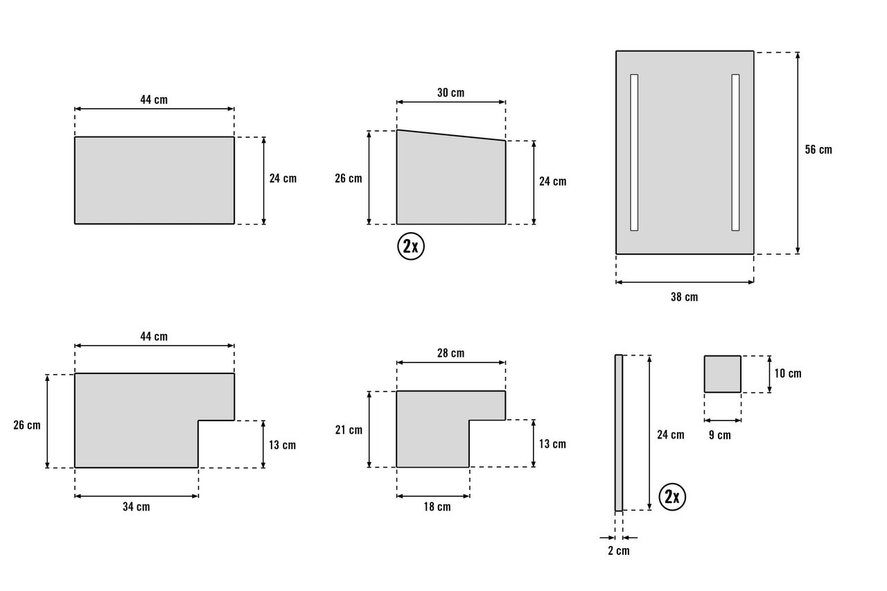 Dessin technique avec les dimensions de différentes pièces de mobilier