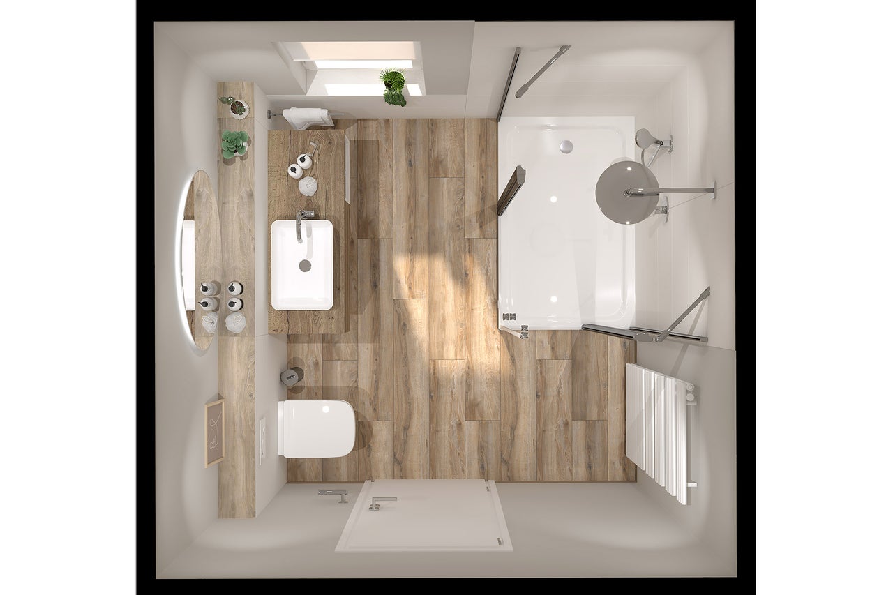 Vue de dessus d une salle de bain moderne avec douche, lavabo, WC et sol aspect bois.