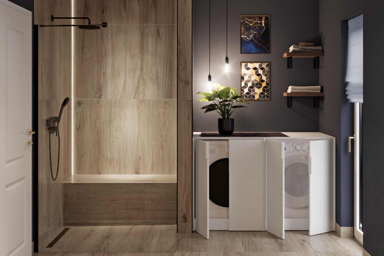 Salle de bains avec douche et meuble encastrable pour lave-linge