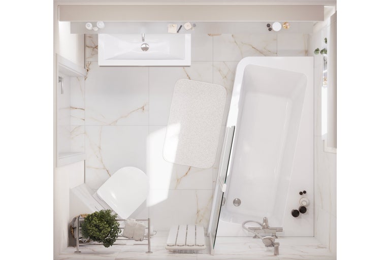 Vue de dessus d'une salle de bains avec lavabo, toilettes et baignoire