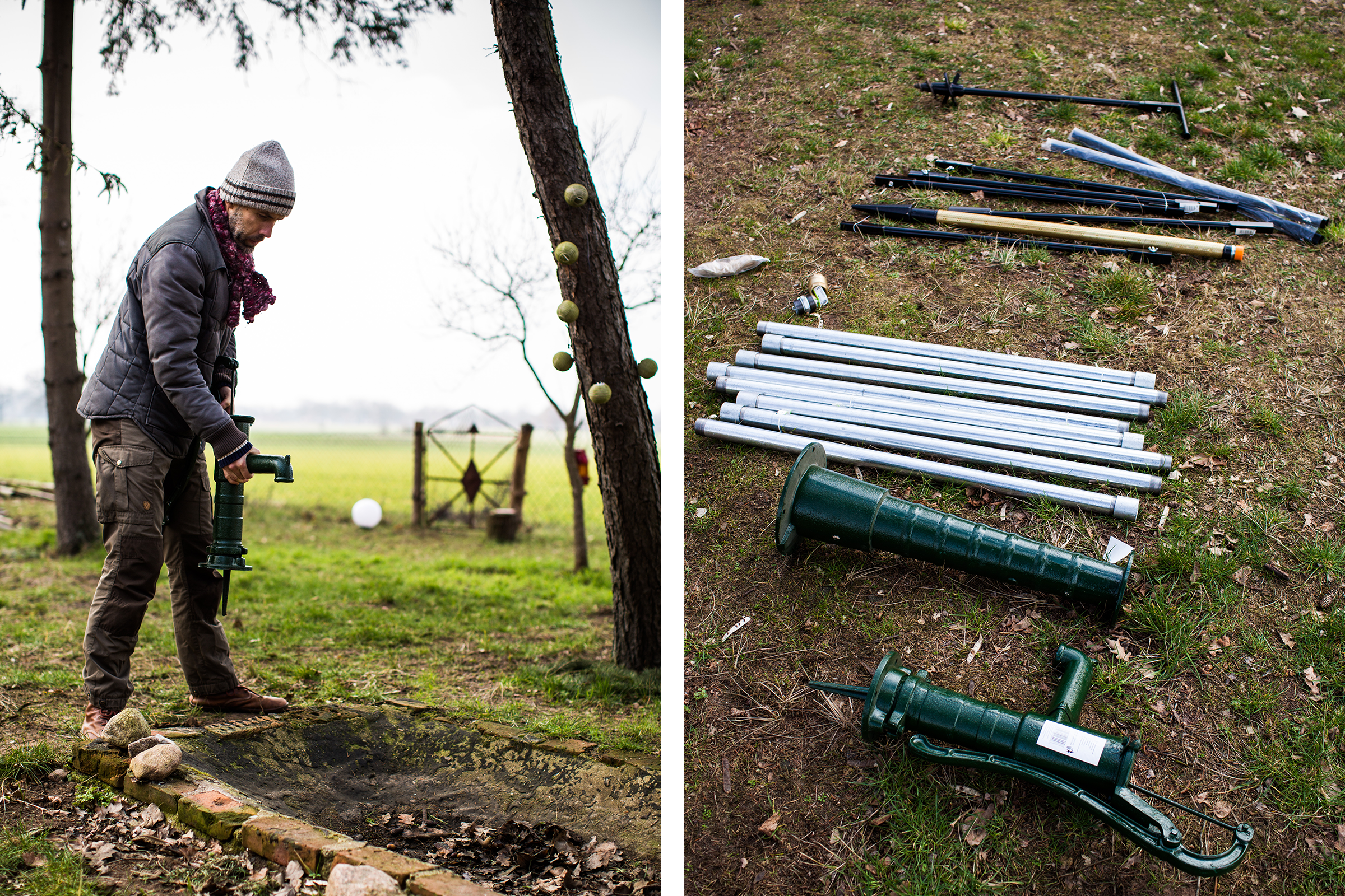 Montage d'une pompe à levier dans le jardin avec accessoires