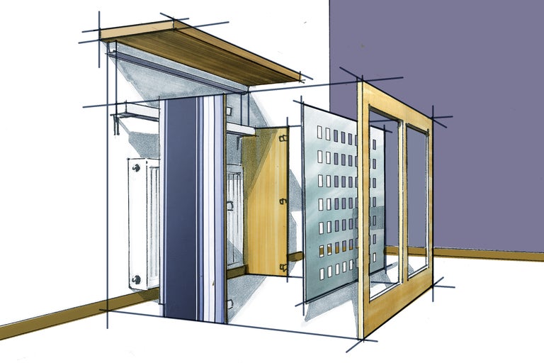 Skizze eines begehbaren Schranksystems mit Türen und Regalen