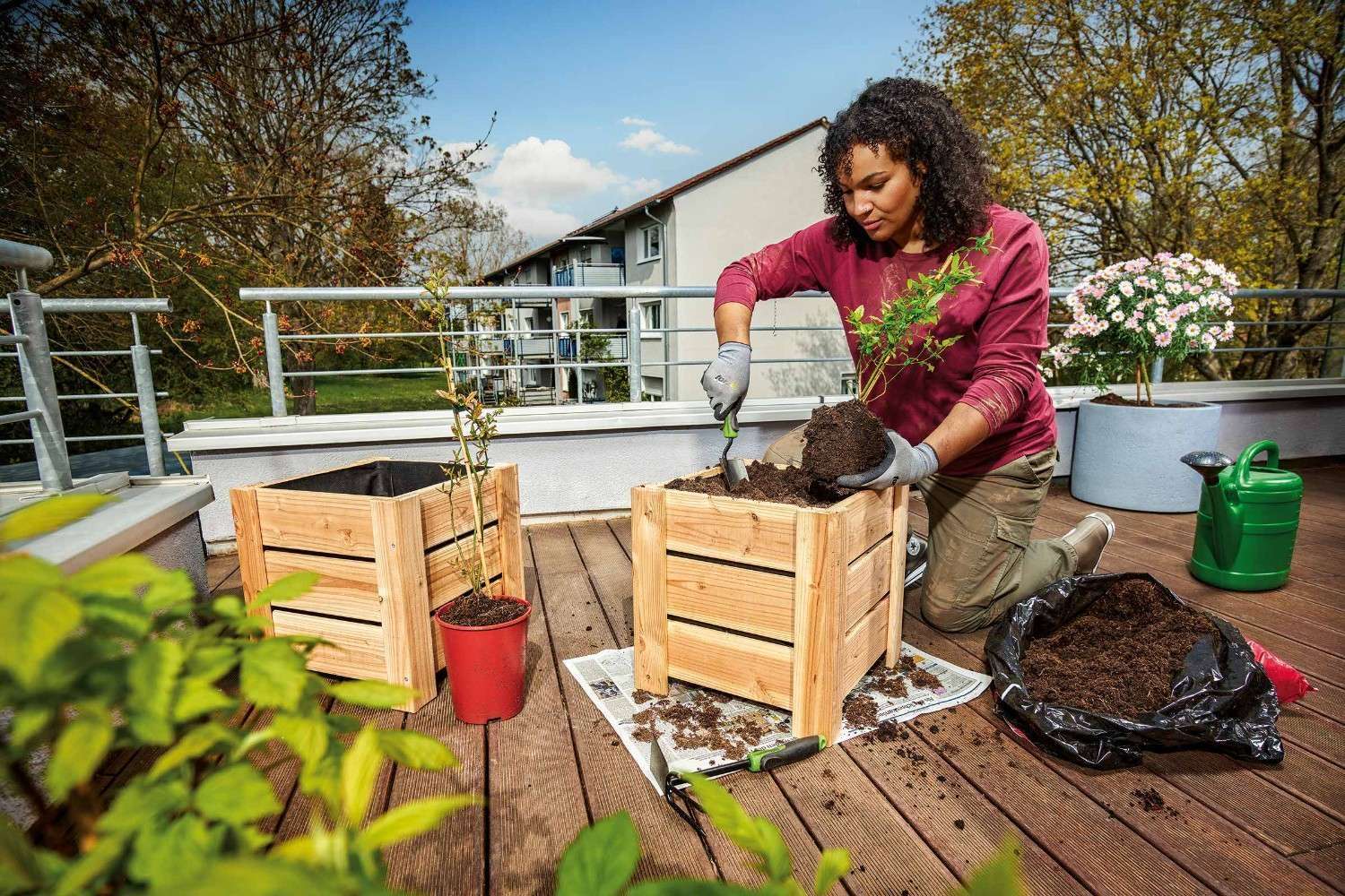 Femme plante une plante dans une caisse en bois sur une terrasse avec des accessoires de jardinage
