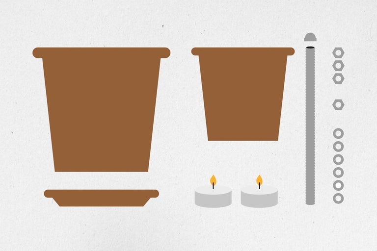 Illustration eines Blumentopfes mit Untersetzer, eines Pflanzgefäßes, einer Lochstange mit Verschlussstopfen, Muttern und zwei Teelichtern